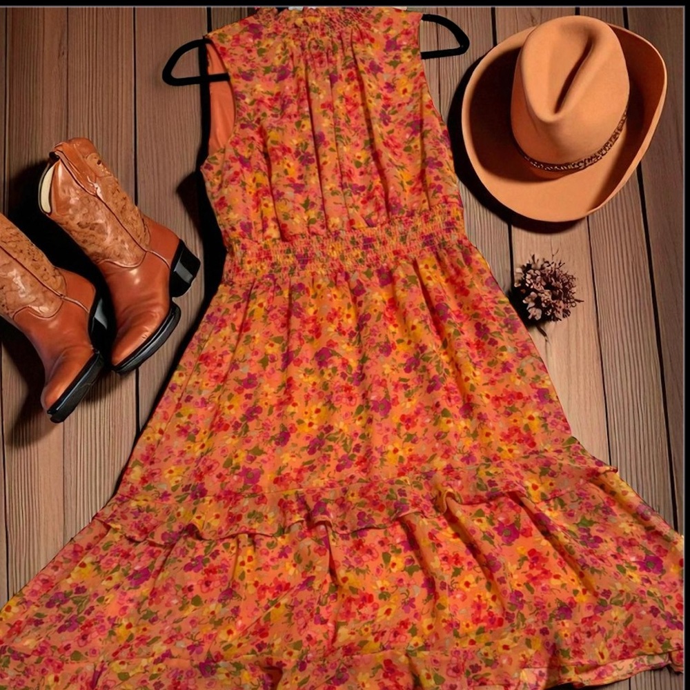Emma & Michelle Floral Ruffle Dress – Sleeveless/Size Medium